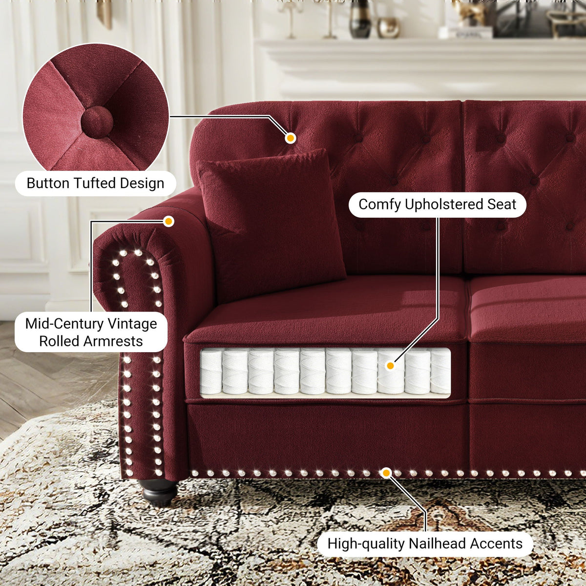 Upholstered 3 Seater Sofa Set With Ottoman