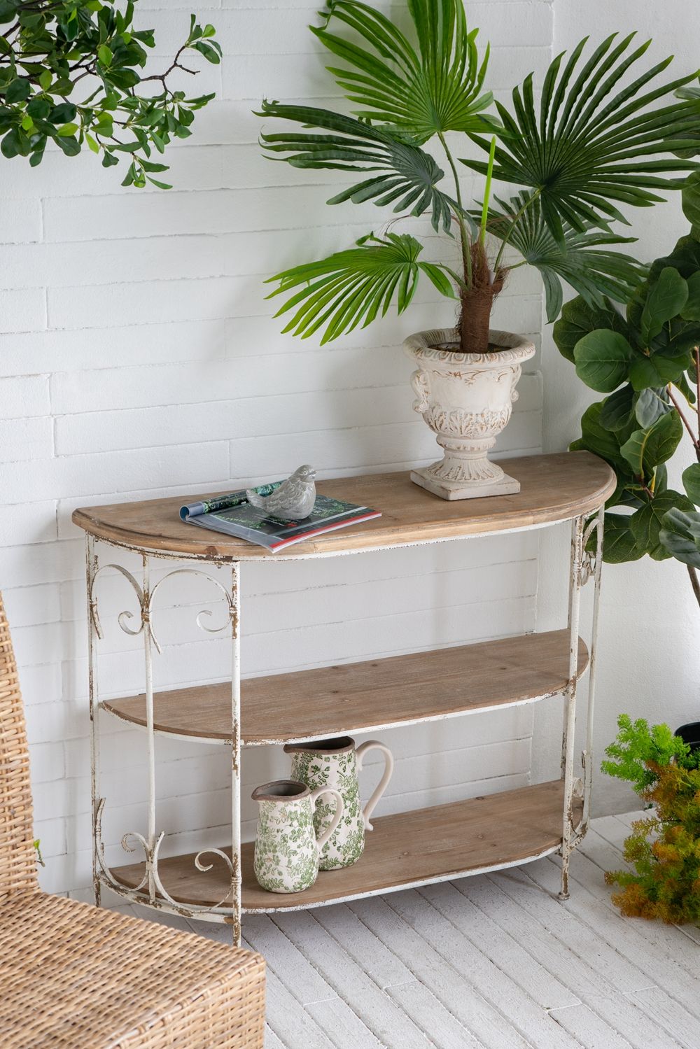 3 Tiered Wooden Shelving Unit With Ornate Iron Frame - Multicolor