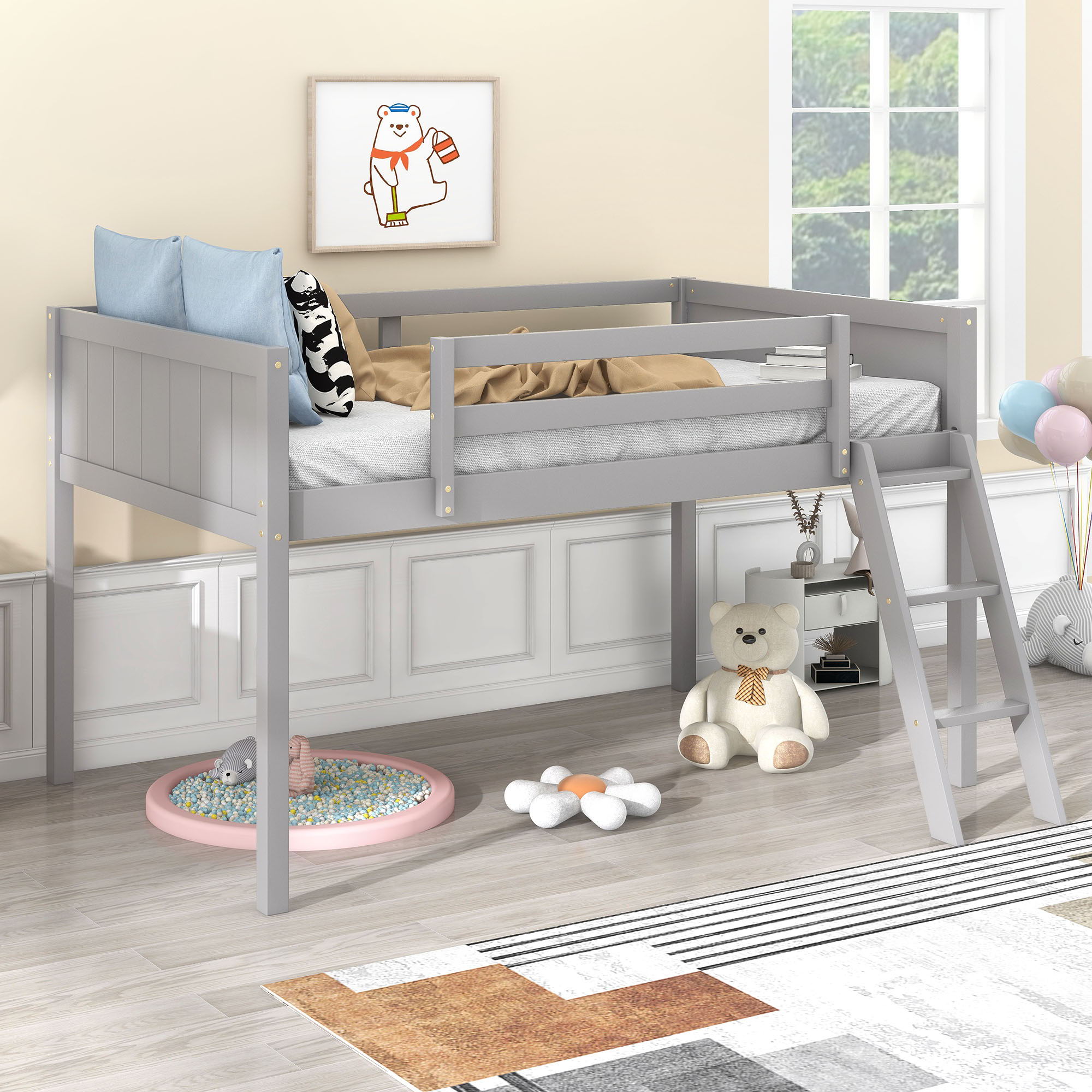 Low Loft Bed With Adjustable Ladder