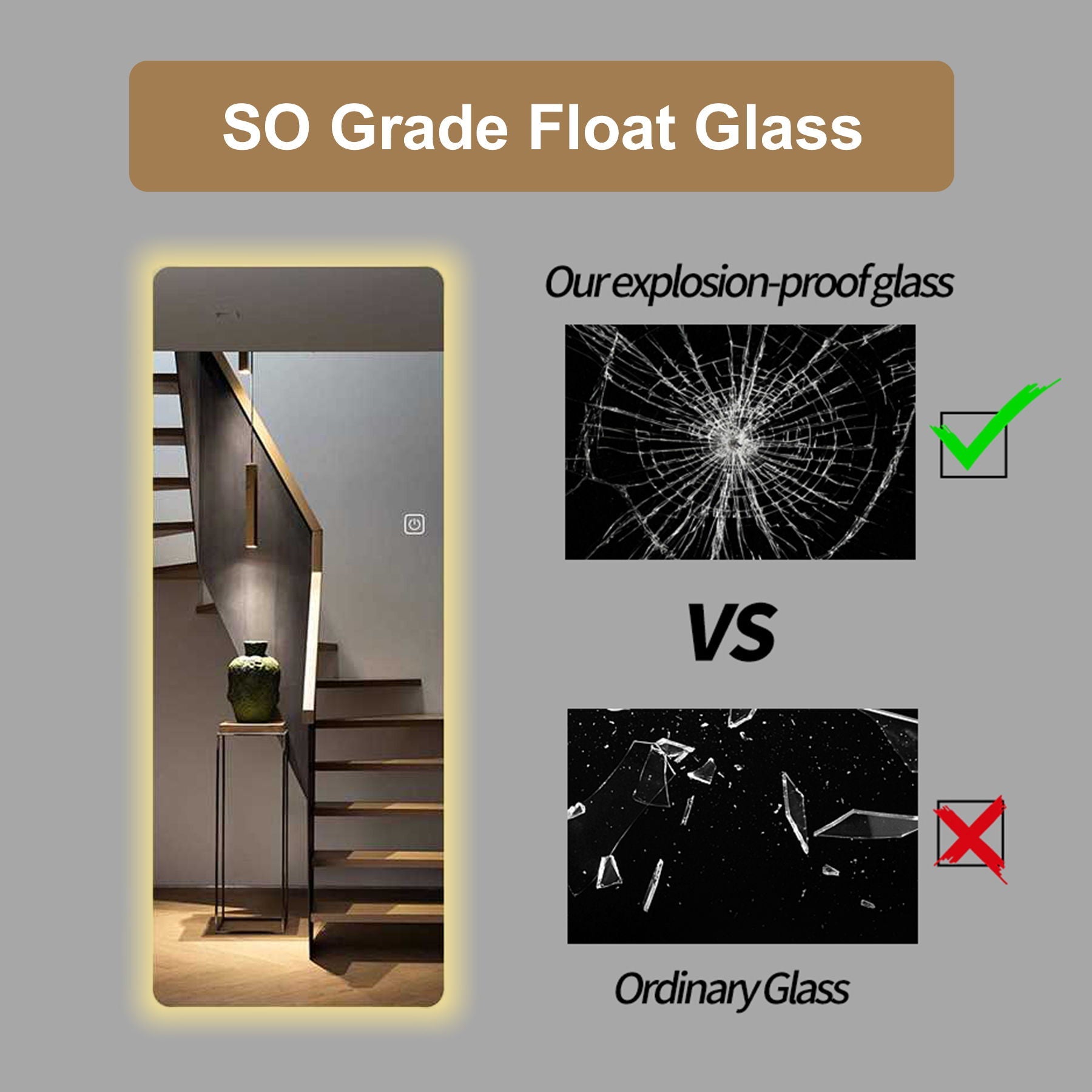 Wall Mounted Full Body Mirror With Dimming Lights Glass - Silver