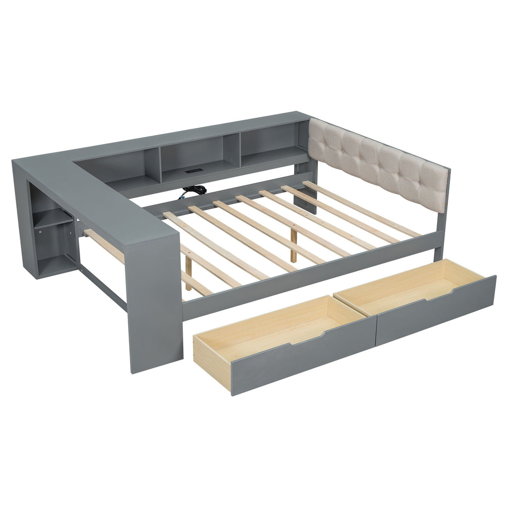 Upholstered Headboard Platform Bed With Storage Shelves, Drawers, Charging Station