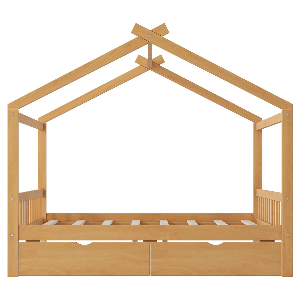 House Style Platform Bed With Headboard, Footboard, 2 Drawers, And Roof Design