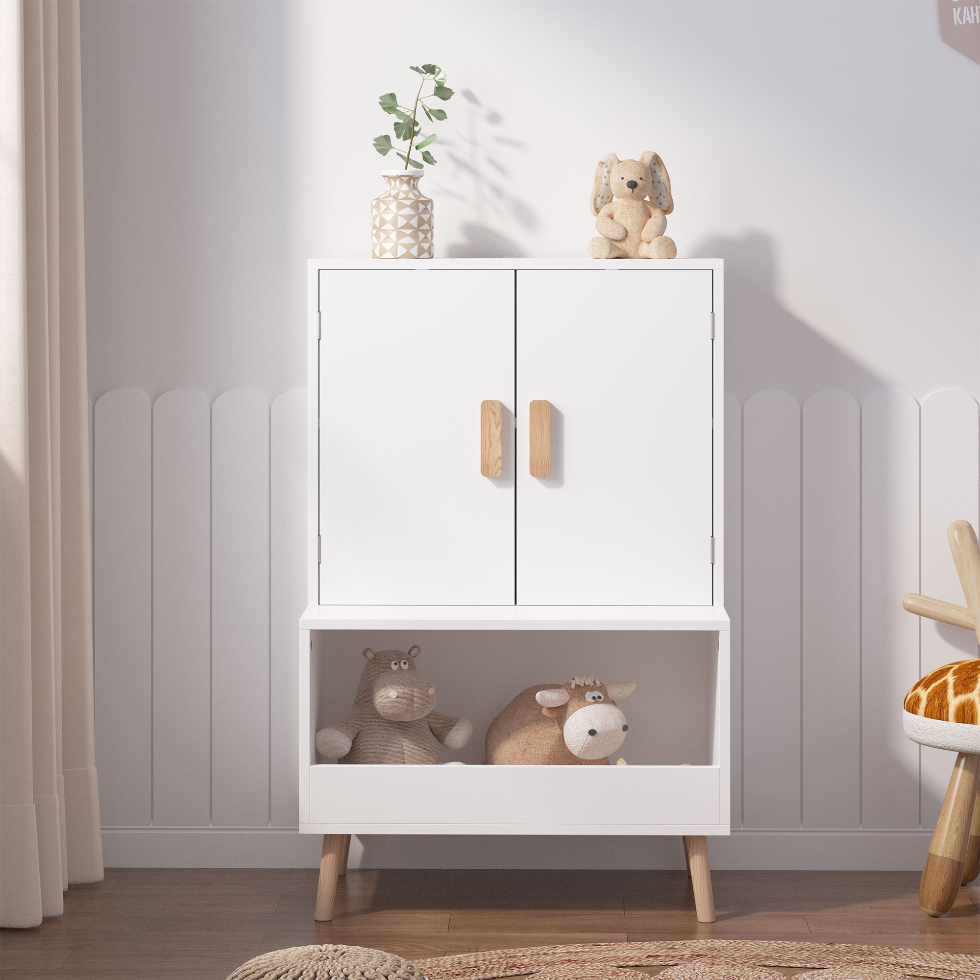 Toy Storage Cabinet With Doors And Open Shelf, Toddler Bookshelf For Playroom - White