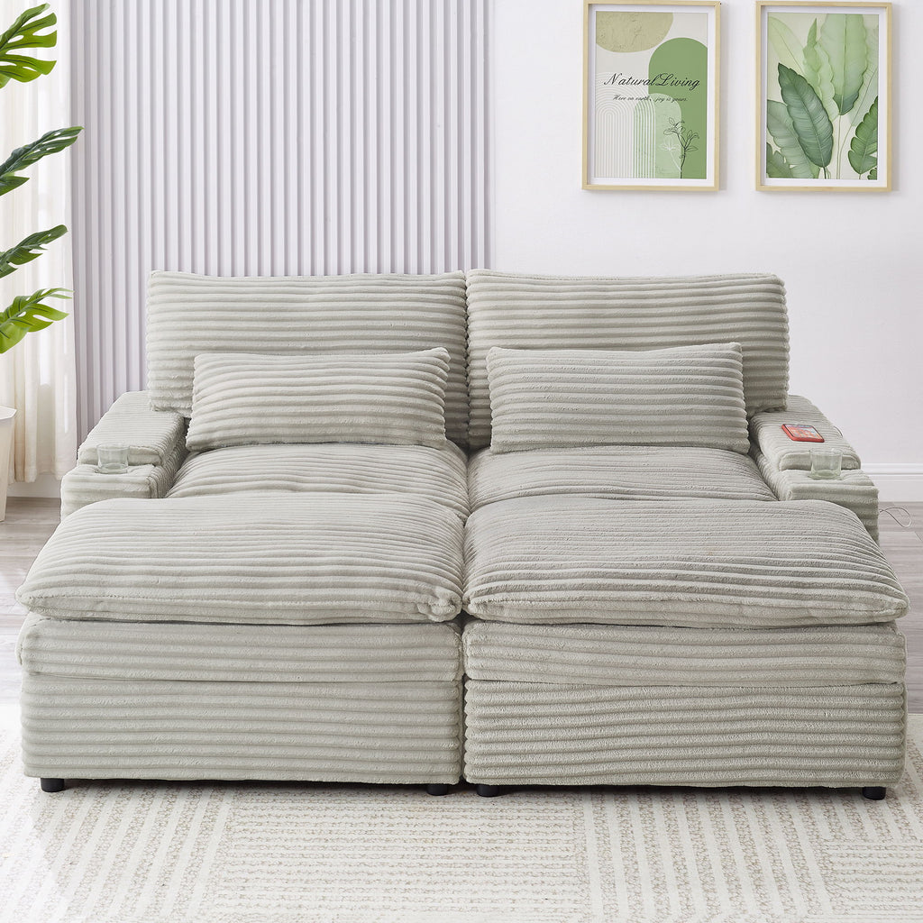 Convertible Loveseat Sofa With Storage, USB Ports, Cup Holders