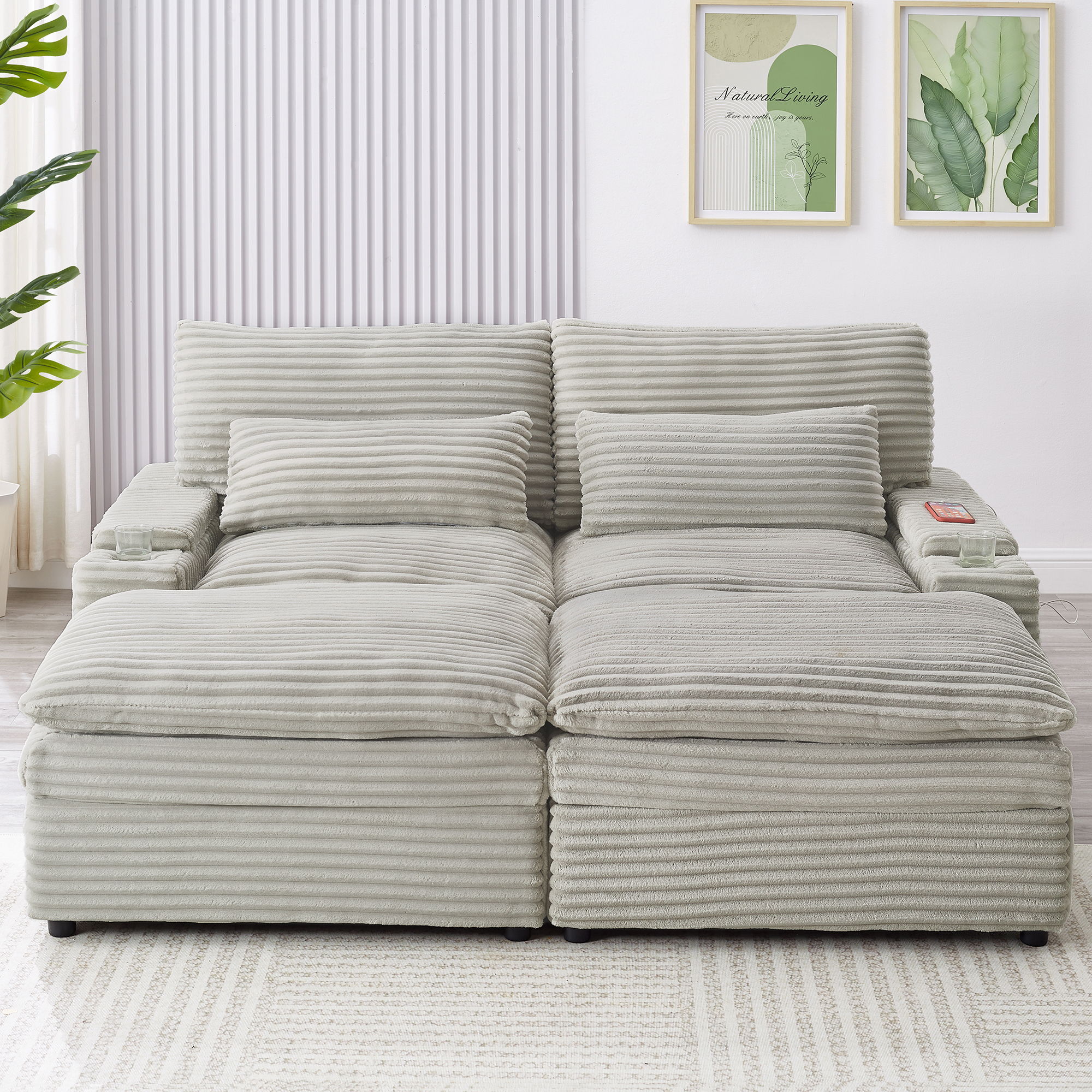 Convertible Loveseat Sofa With Storage, USB Ports, Cup Holders