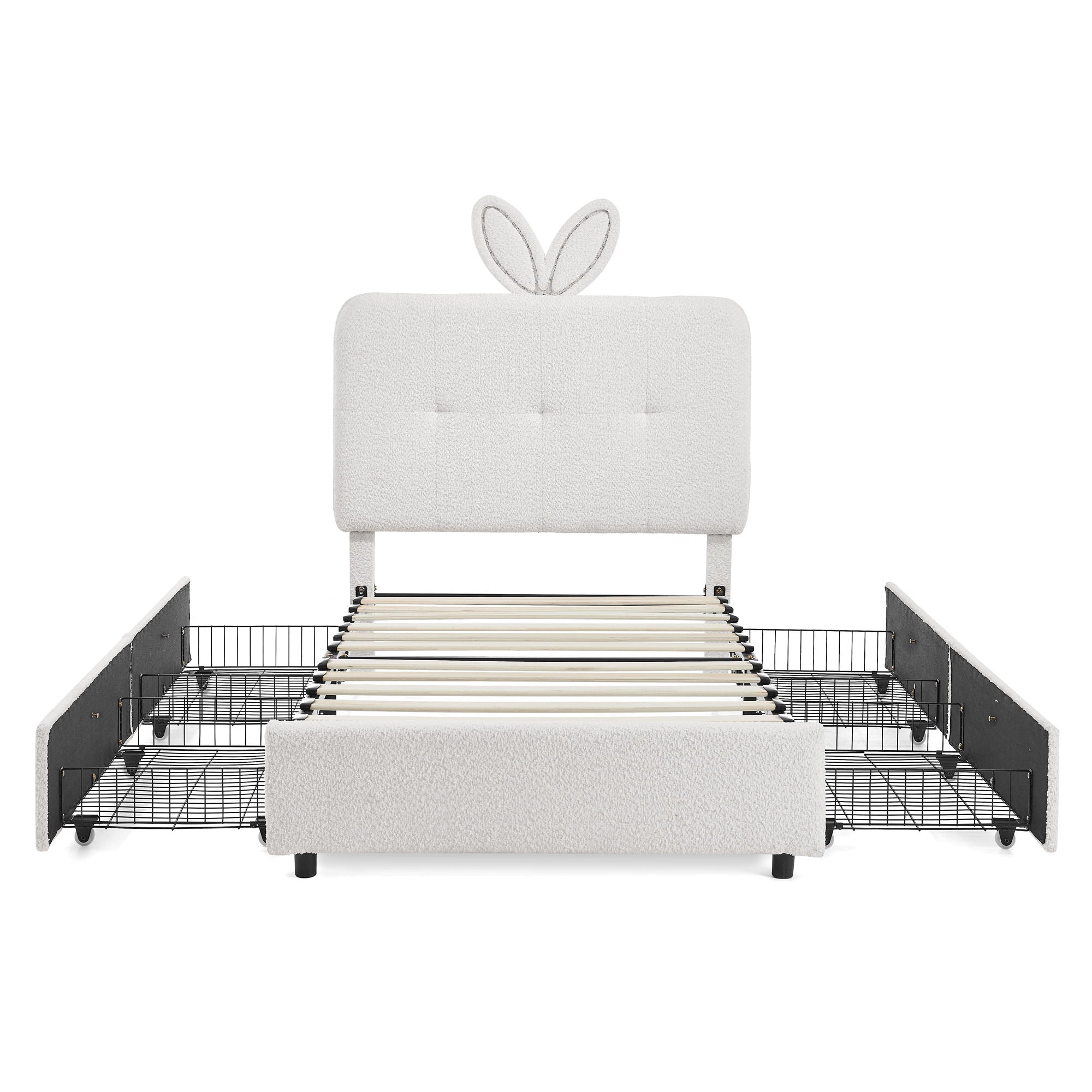 Upholstered Bed With Oversized Rabbit Ear Headboard, LED Lights & 4 Storage Drawers