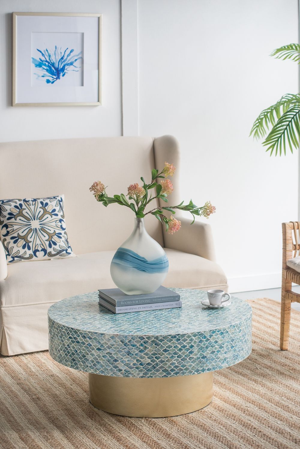 Unique Capiz Coffee Table & Pedestal Base