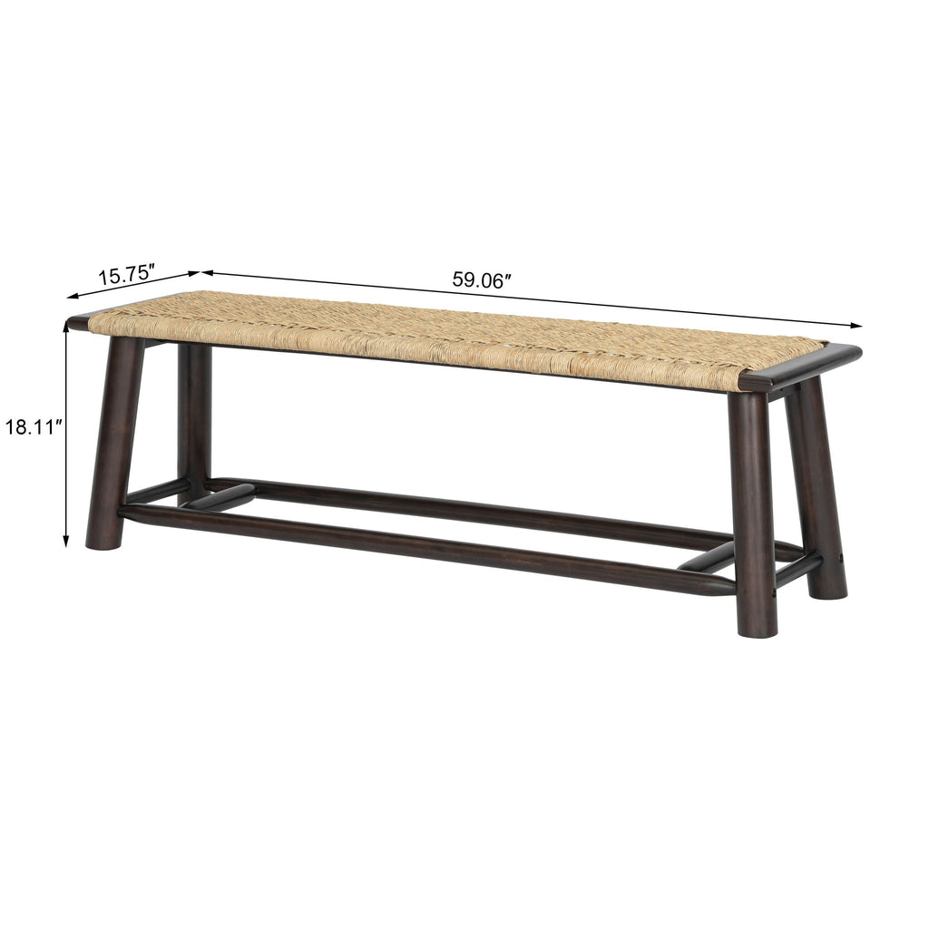 Farmhouse Modern Solid Wood Rattan Bench Multi Functional Design 59" Indoor & Covered Outdoor Bench - Walnut