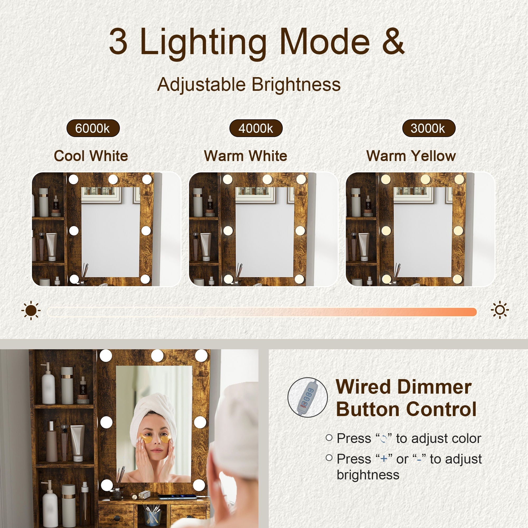 Vanity Table With Mirror, Adjustable LED Lights, Power Outlet, Hairdryer Holder & Stool