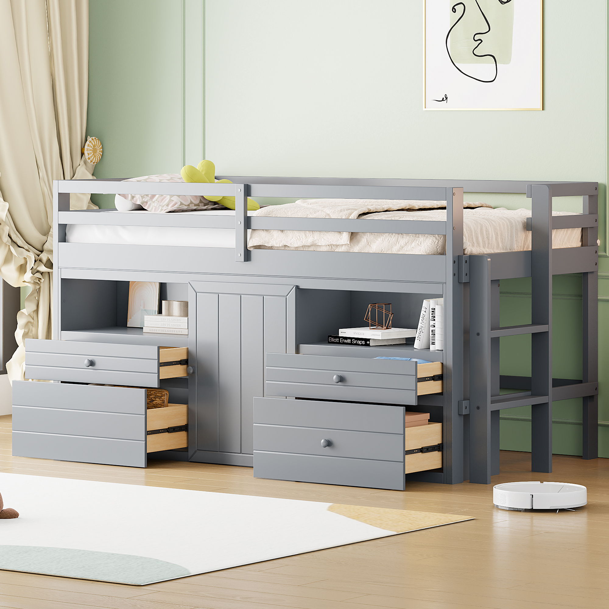 Loft Bed With 4 Drawers, Underneath Cabinet And Shelves