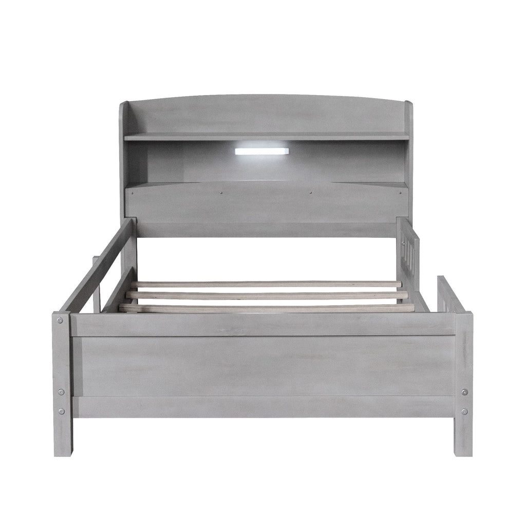 Wood Platform Bed With Built In LED Light, Storage Headboard And Guardrail