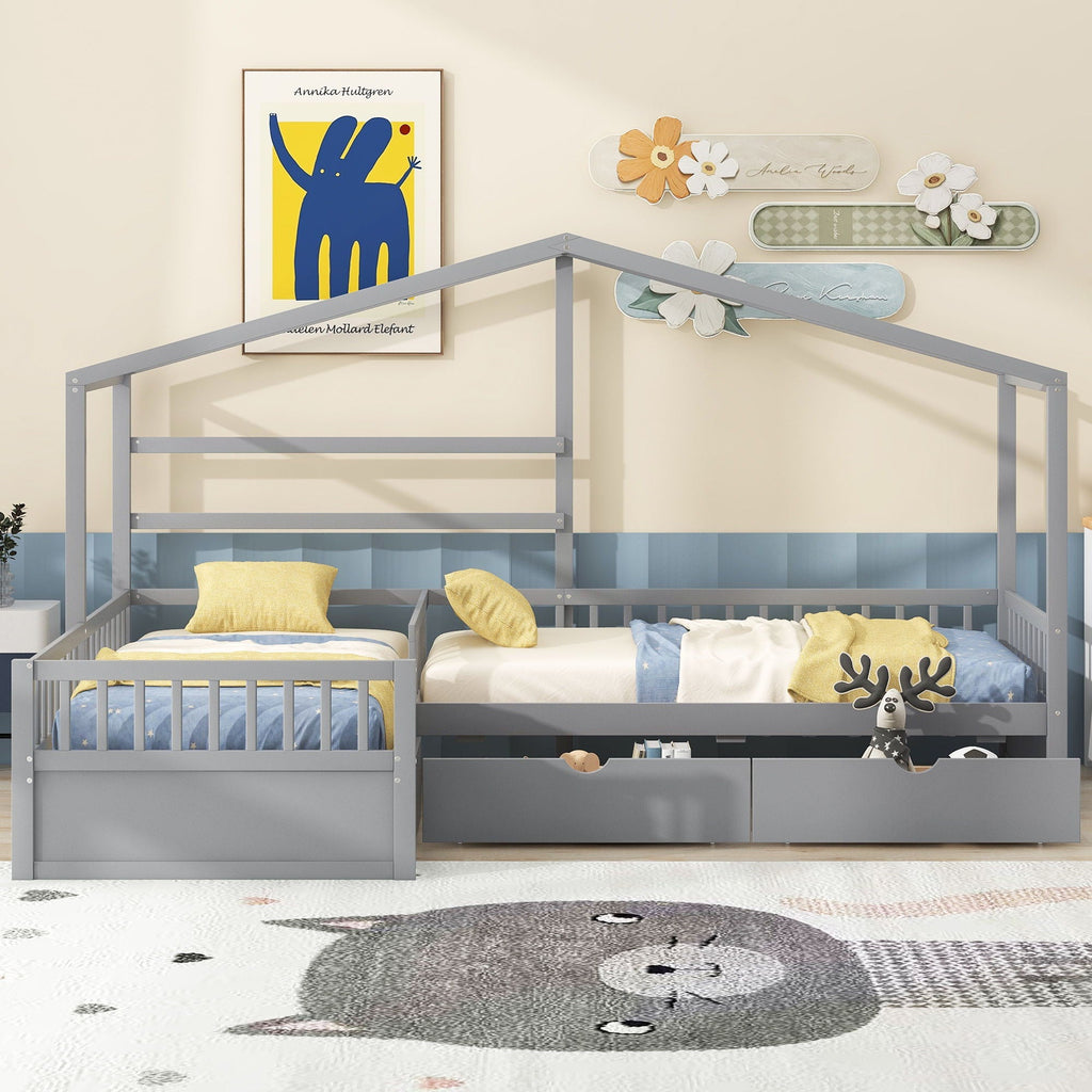 L Shape Platform Bed With 3 Storage Drawers