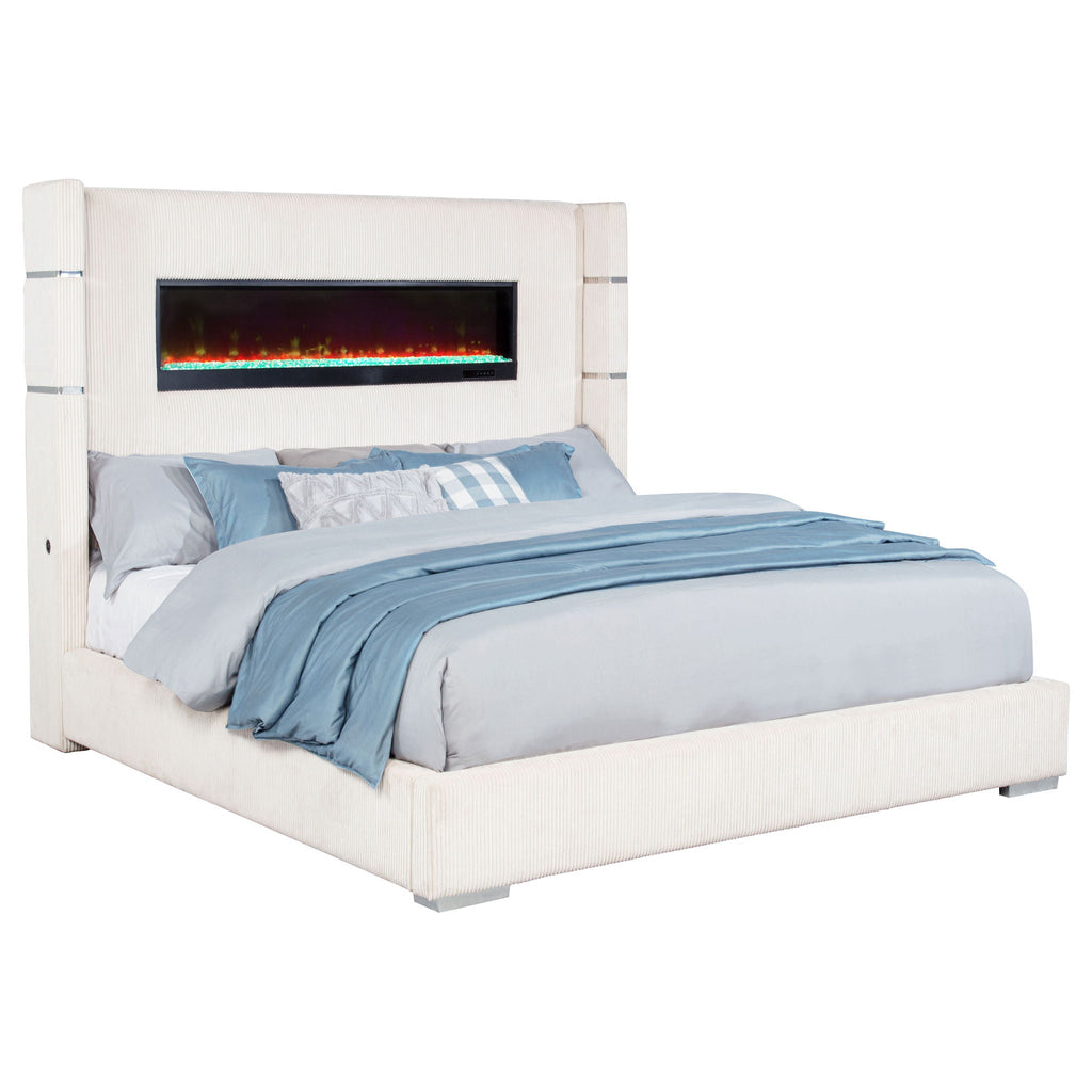 Tisdall Upholstered Eastern King Flame Visualizer Bed Cream
