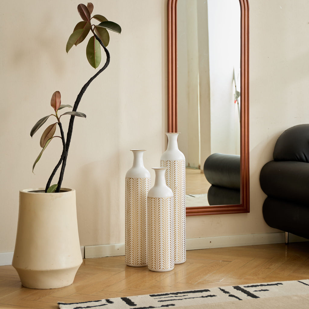 Floor Metal Vase Modern Style Decoration Home Metal Vase 3 Piece Set Gorgeous Home Decoration Large Glazed Metal Vase - Gold / White