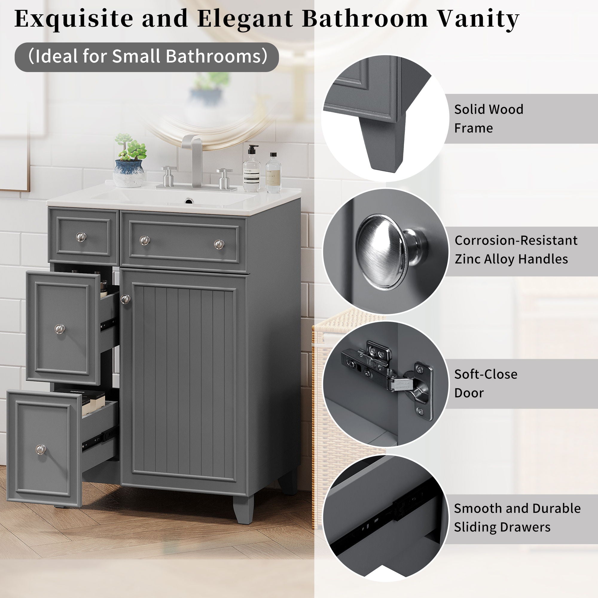 Transitional Style Bathroom Vanity Cabinet With Ceramic Sink