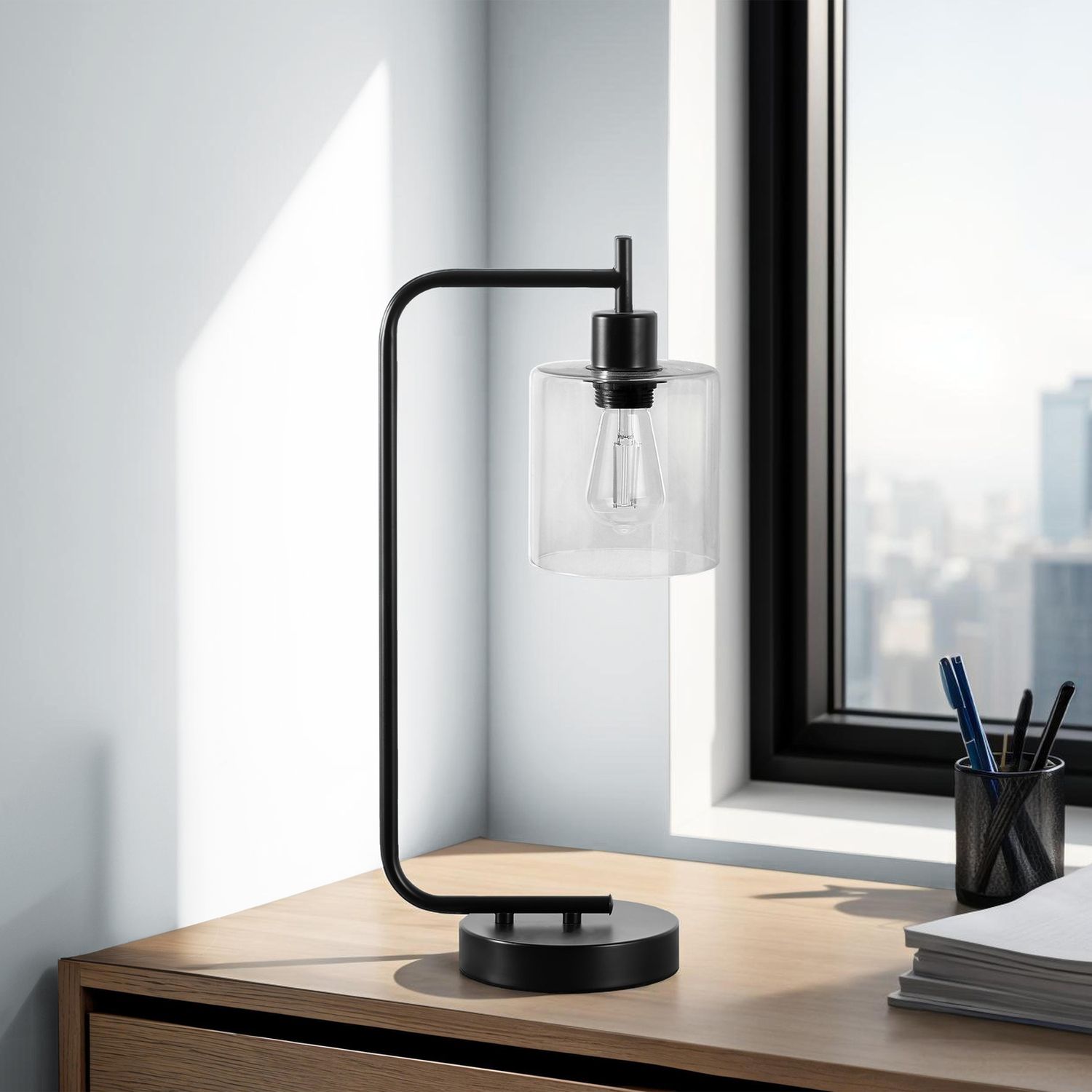 Lighting, Table Lamp, USB Port Included, Glass Shade, Modern - Black