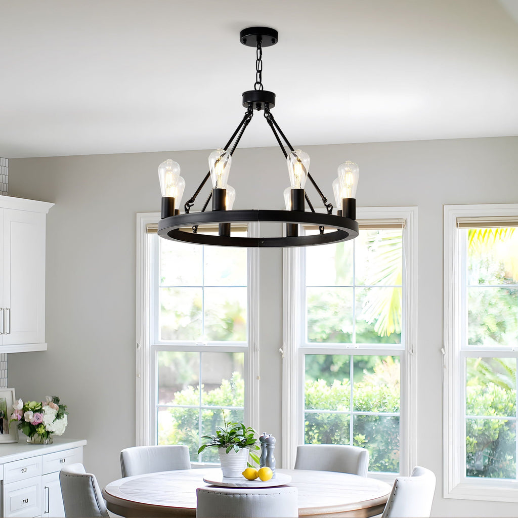 6 Light (No Bulbs) Wagon Wheel Chandelier Farmhouse Modern Small Round Chandelier For Living Room Kitchen Island Foyer Hallway Entryway Bedroom Dining Room Light Fixture Ceiling Hanging - Matte Black