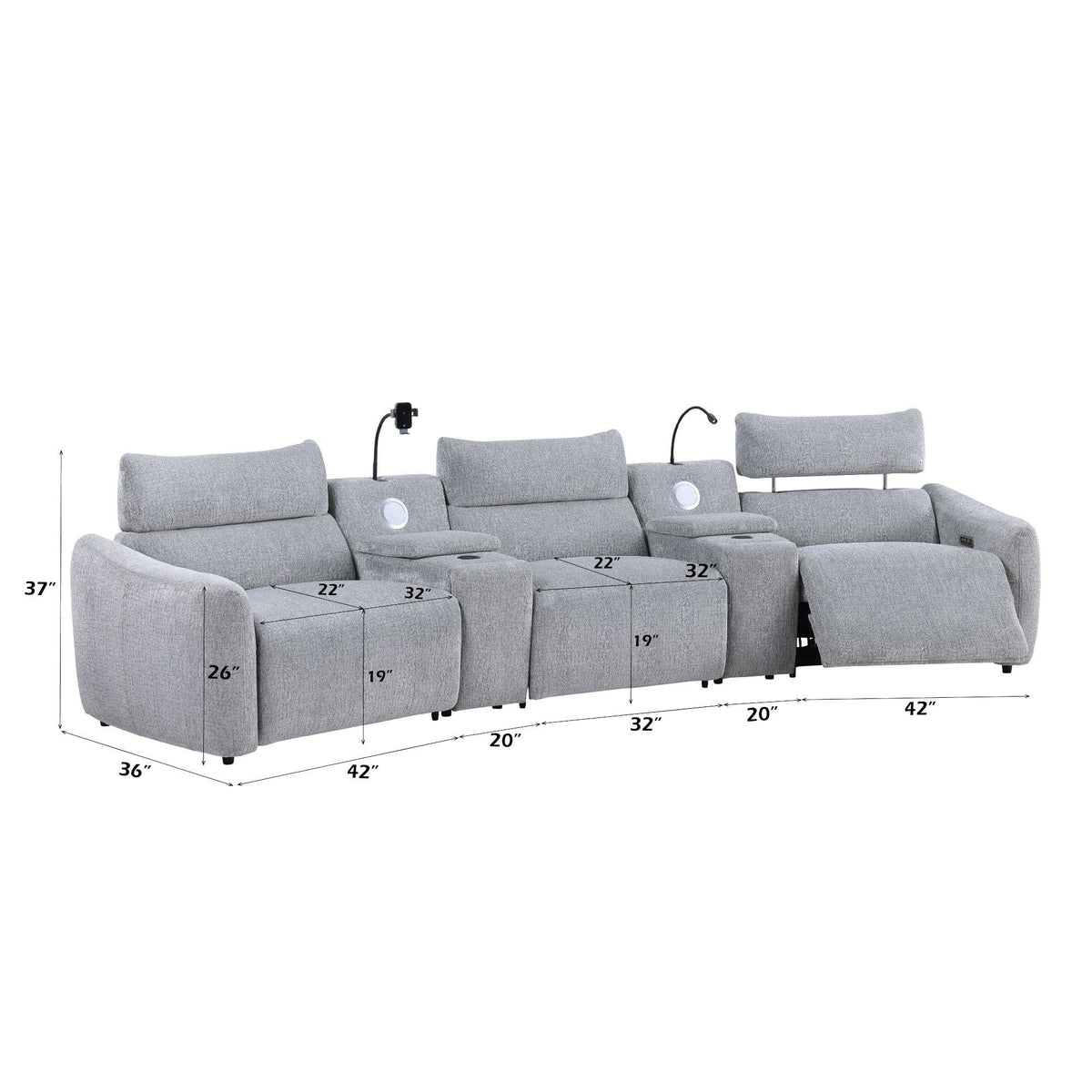 Fullar - Modular Power Motion Sectional Sofa With Console, 2 Wireless Chargers, 4 Cupholders, And 2 Speakers, 1 Phone Holder And 1 Reading Light, Adjustable Headrest - Light Gray