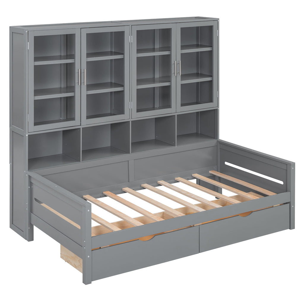 Daybed With Glass Door Storage Cabinets, Built In LED Lighting And Shelves