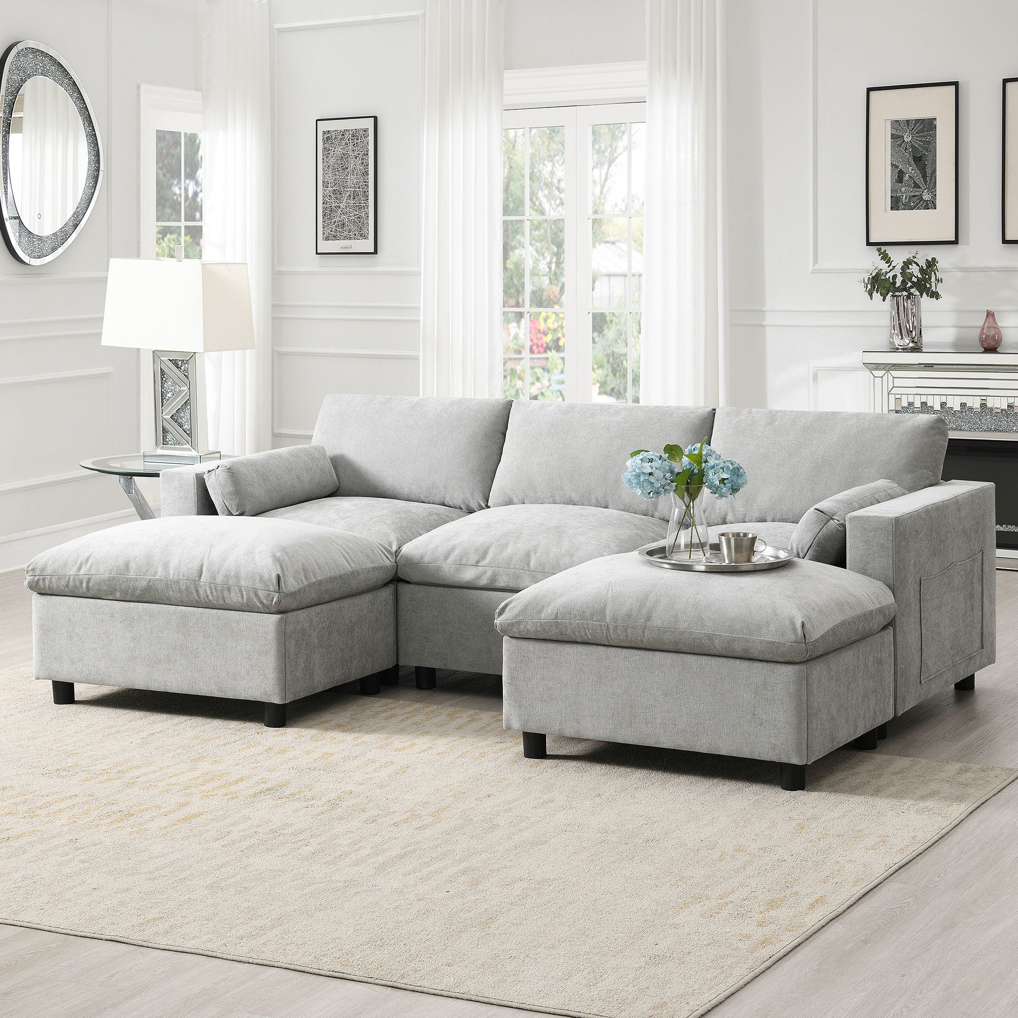 Modular Sectional With Storage Pockets, 5 Seat U Shaped Couch Set With Pillows, Free Combination Modern Cloud Sofa With 2 Movable Ottoman