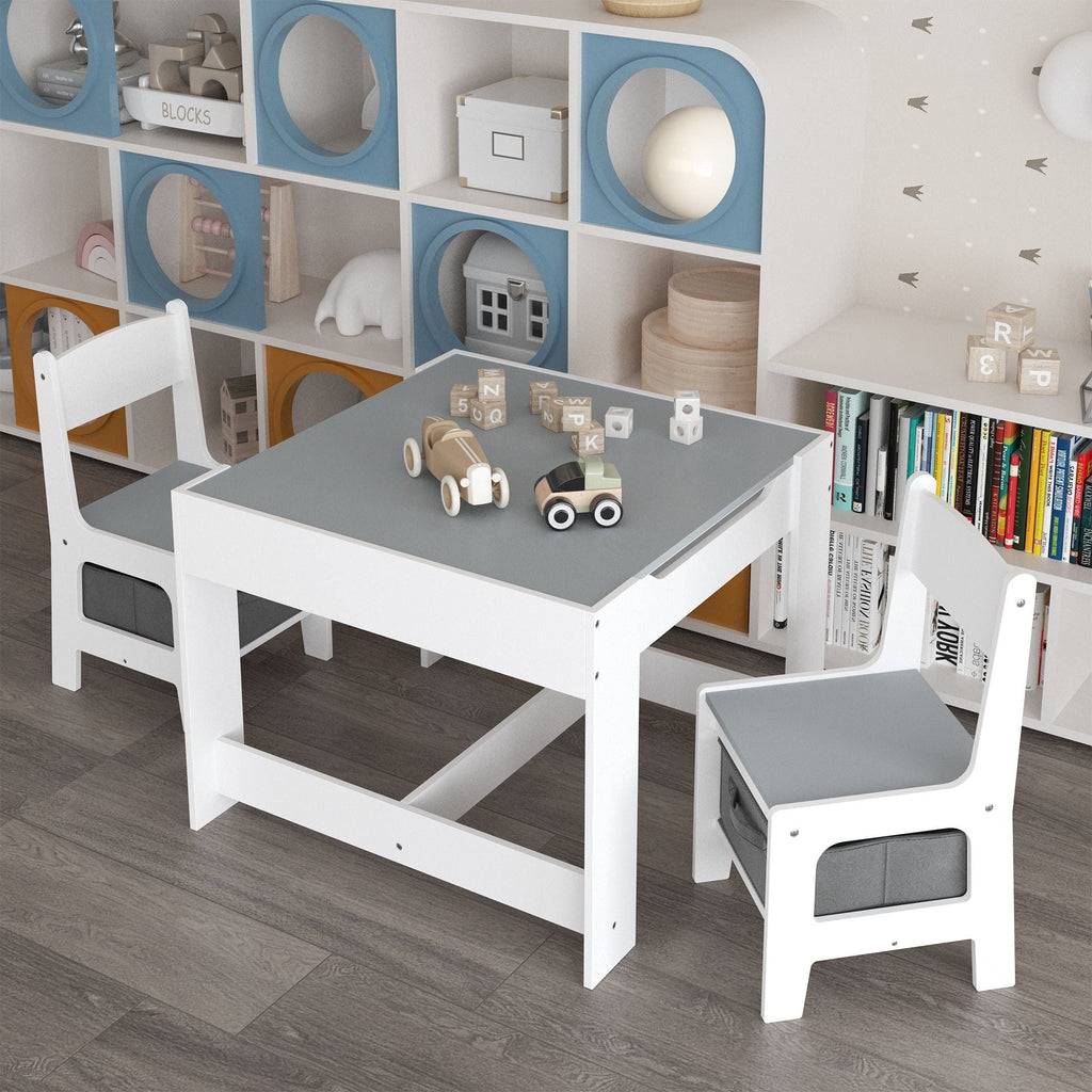 Kids Table And Chair Set, 3 In 1 Activity Table With Storage Drawer For Toddlers Drawing, Reading, Crafts, 2 In 1 Detachable Top - White
