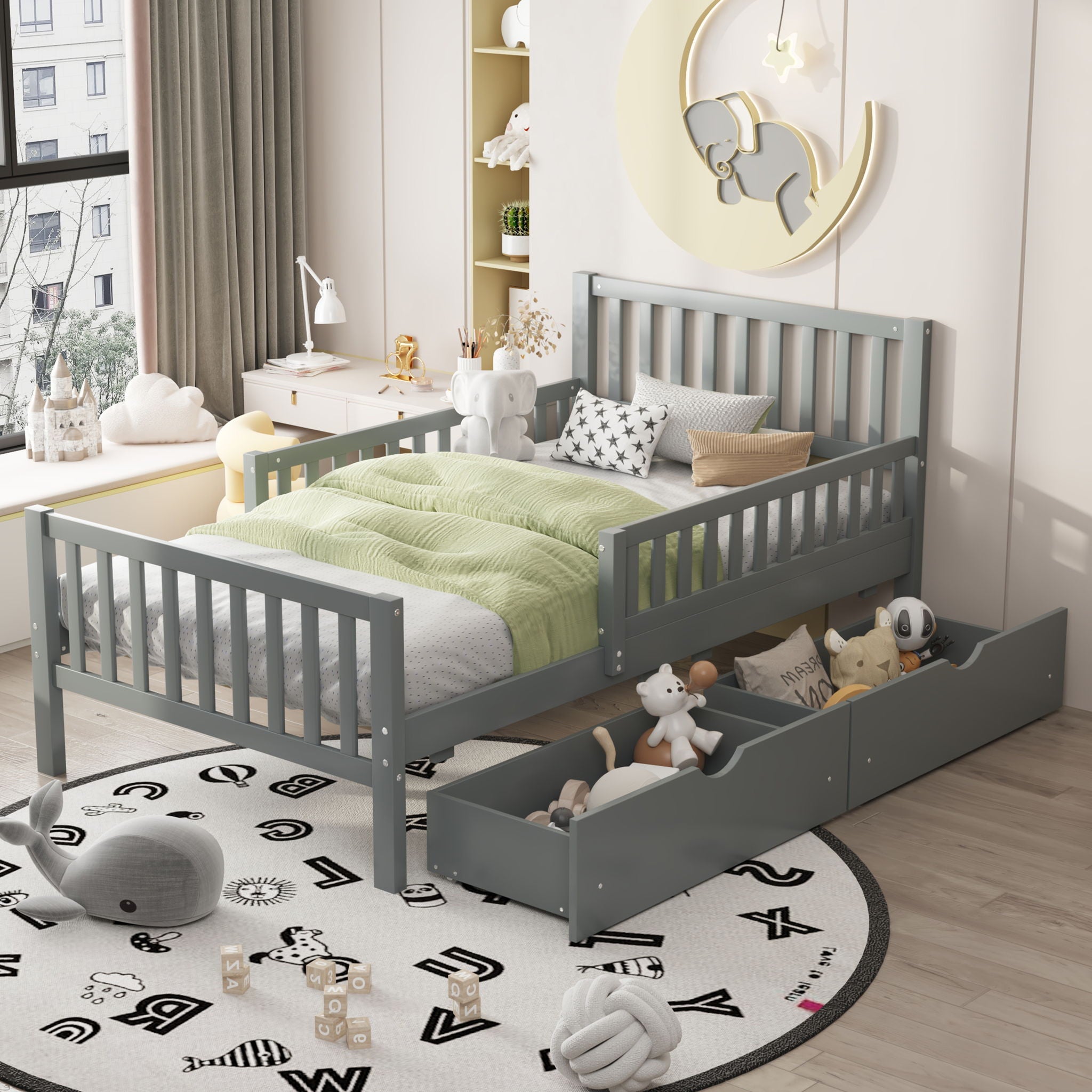 Platform Bed With Guardrails On Both Sides And 2 Storage Drawers