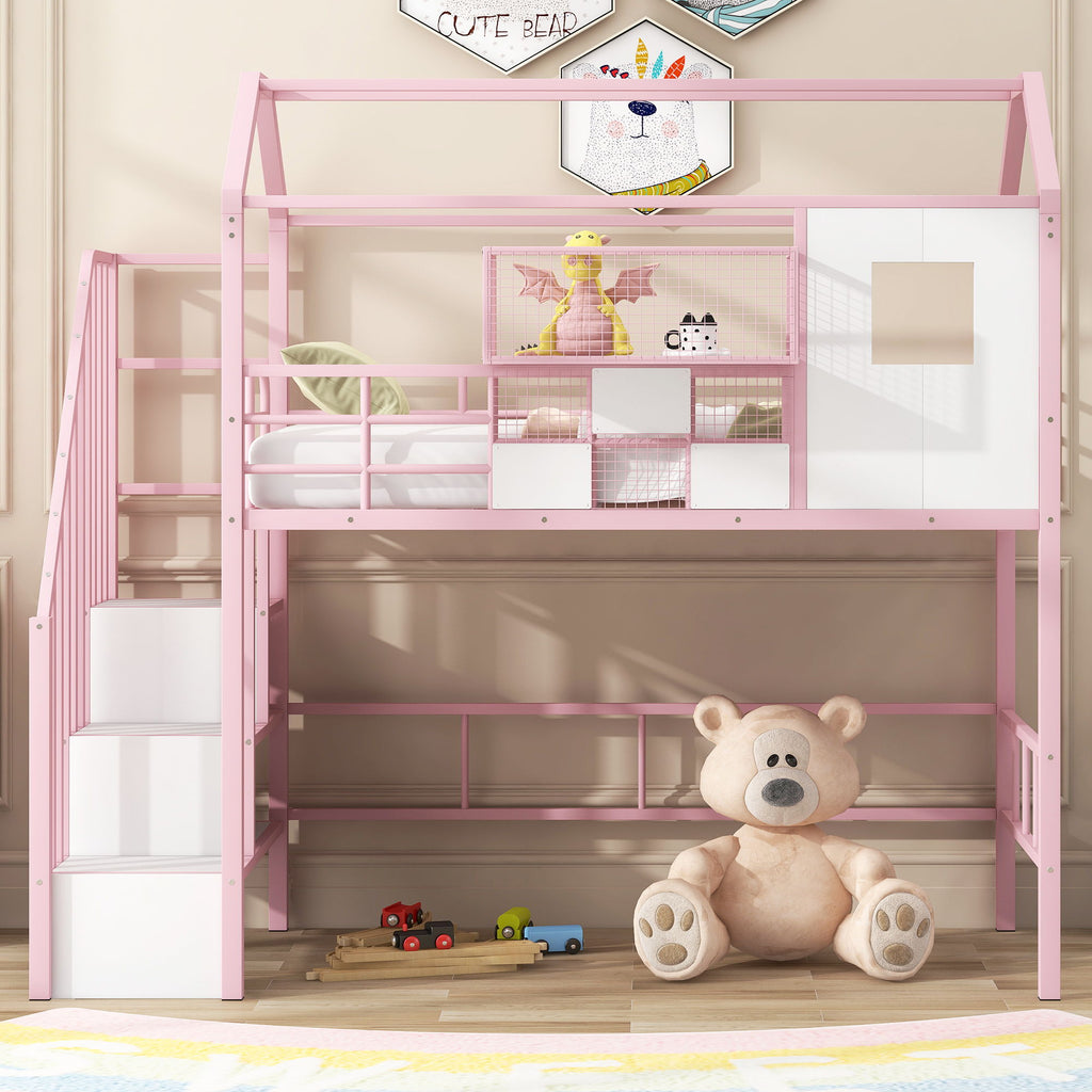 Metal Loft Bed With Roof Design And Storage Box With Guardrails And Integrated Ladder