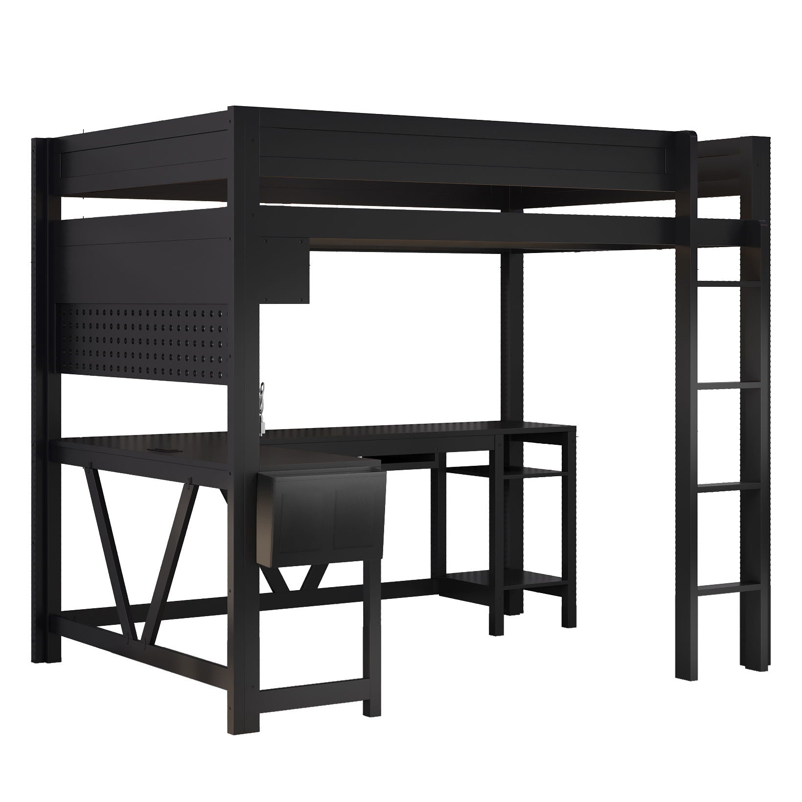 Gaming Loft Bed With Desk, Storage Shelves, LED And Charging Station