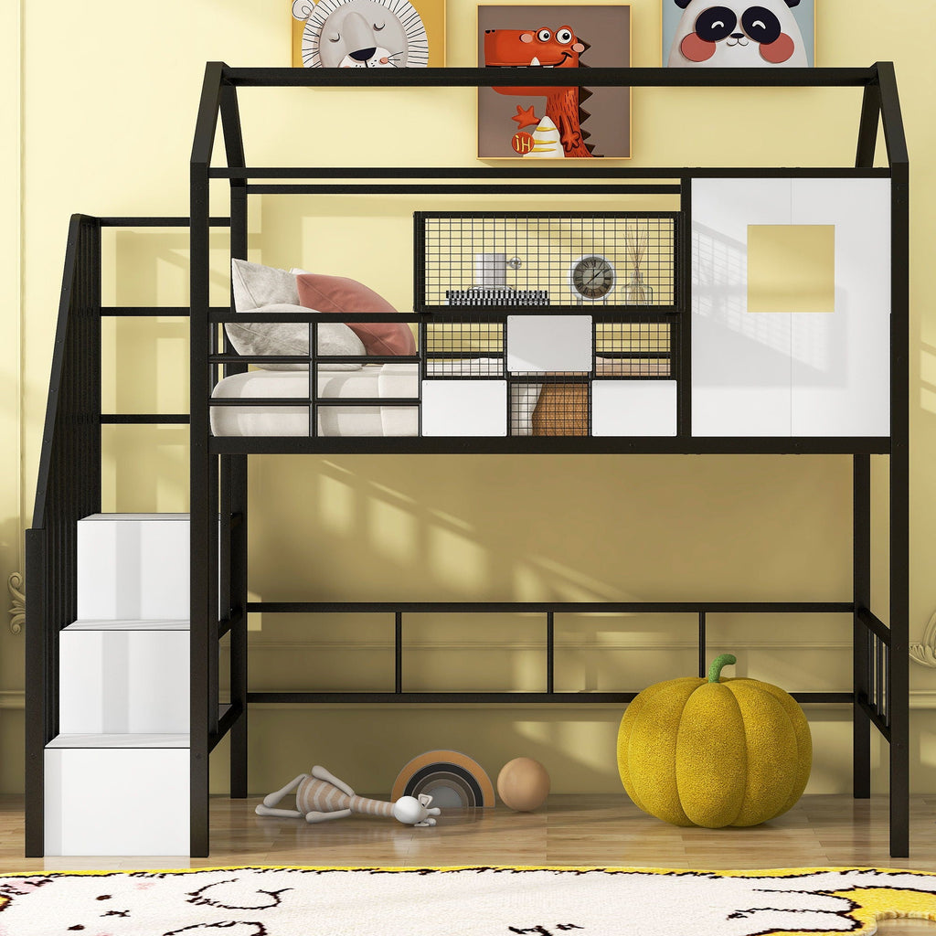 Metal Loft Bed With Roof Design And Storage Box With Guardrails And Integrated Ladder