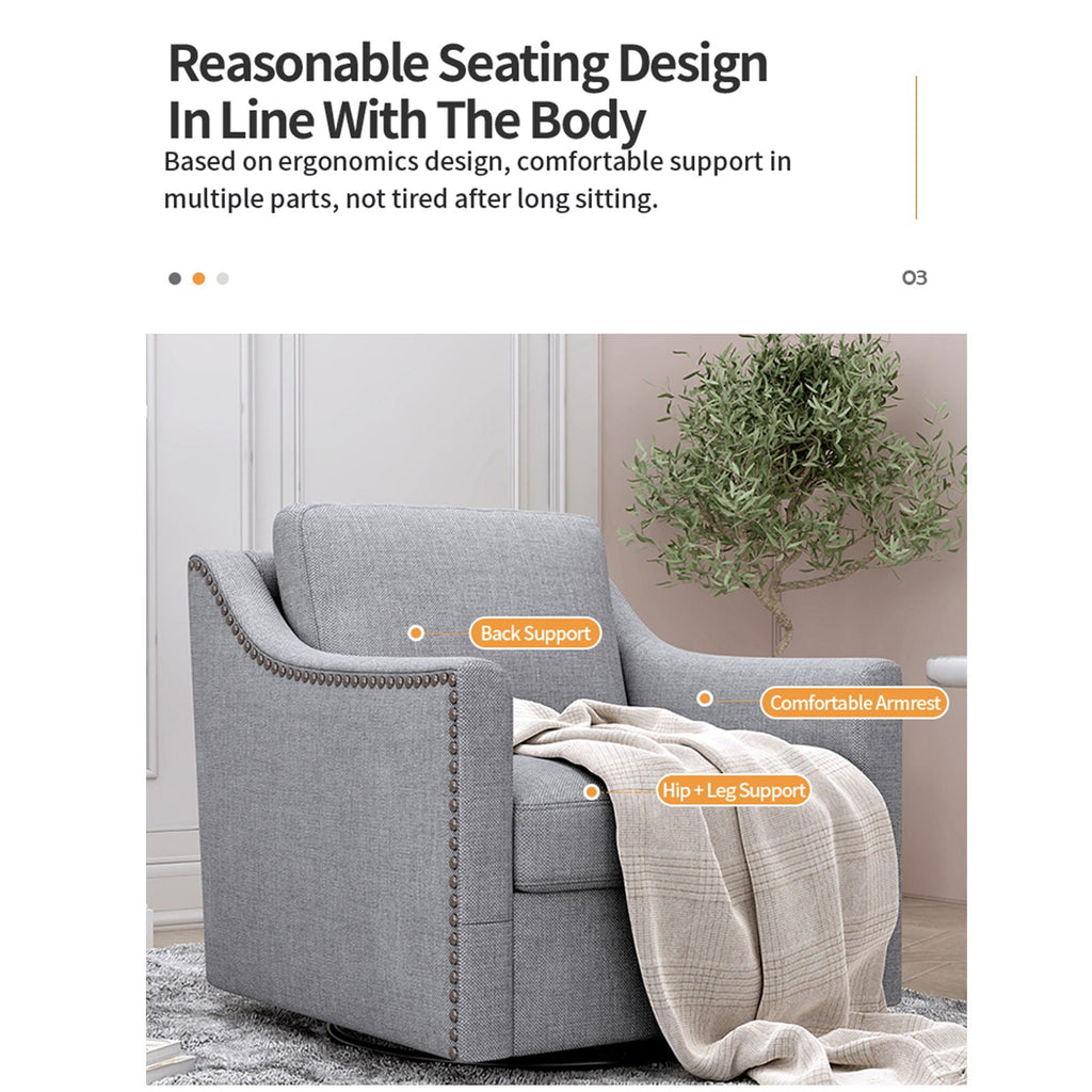 360 Degree Swivel Armchair, Skin Friendly Fabric, Ergonomic Design, Brass Nail Decorative Armchair