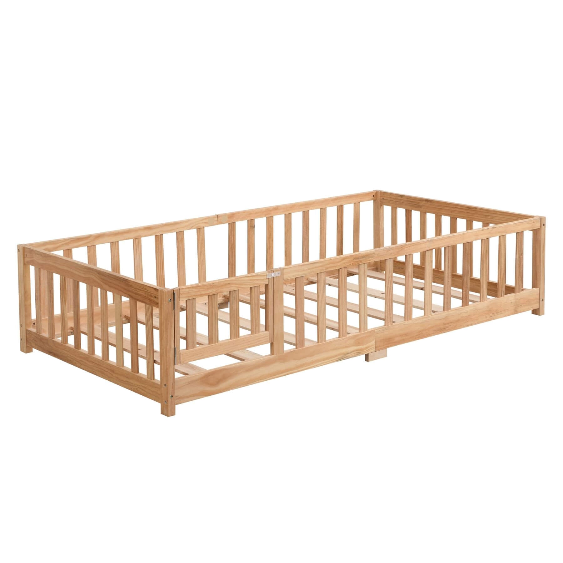 Civil HN Solid Wood Full Size Floor Bed with Door & Safety Guardrails for Children, Natural Pine Wood