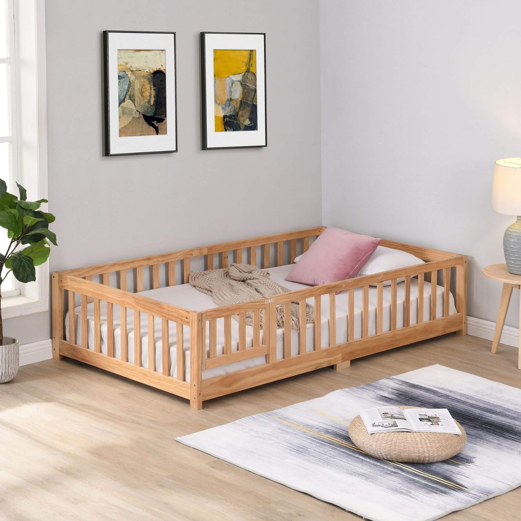 Civil HN Solid Wood Full Size Floor Bed with Door & Safety Guardrails for Children, Natural Pine Wood