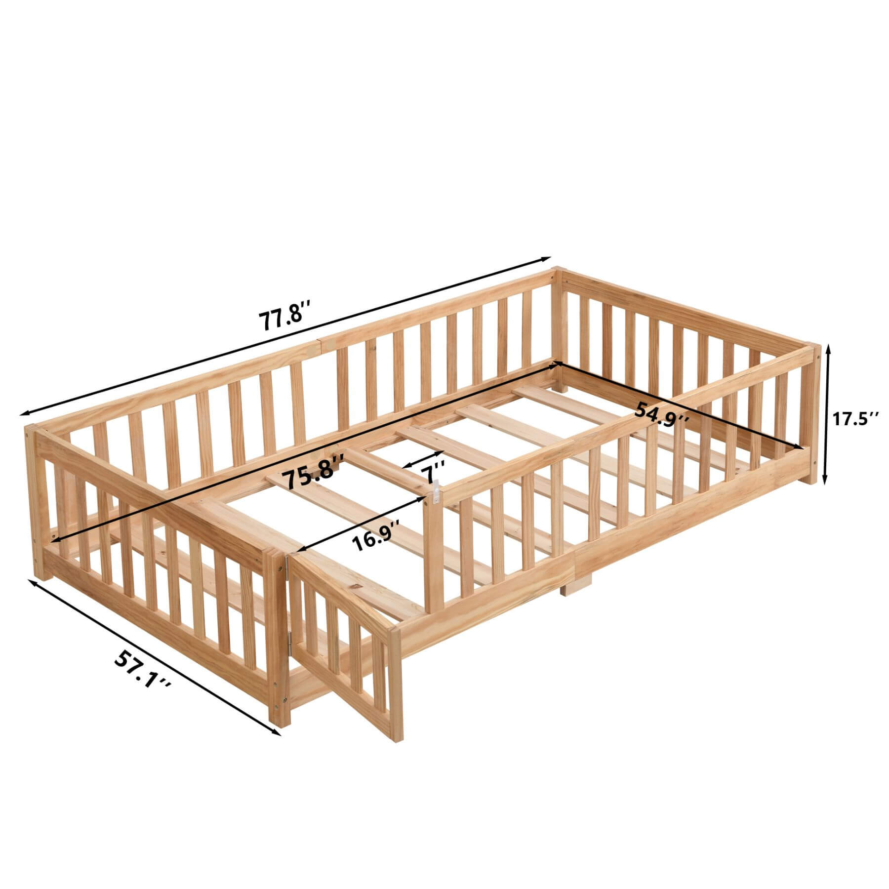 Civil HN Solid Wood Full Size Floor Bed with Door & Safety Guardrails for Children, Natural Pine Wood