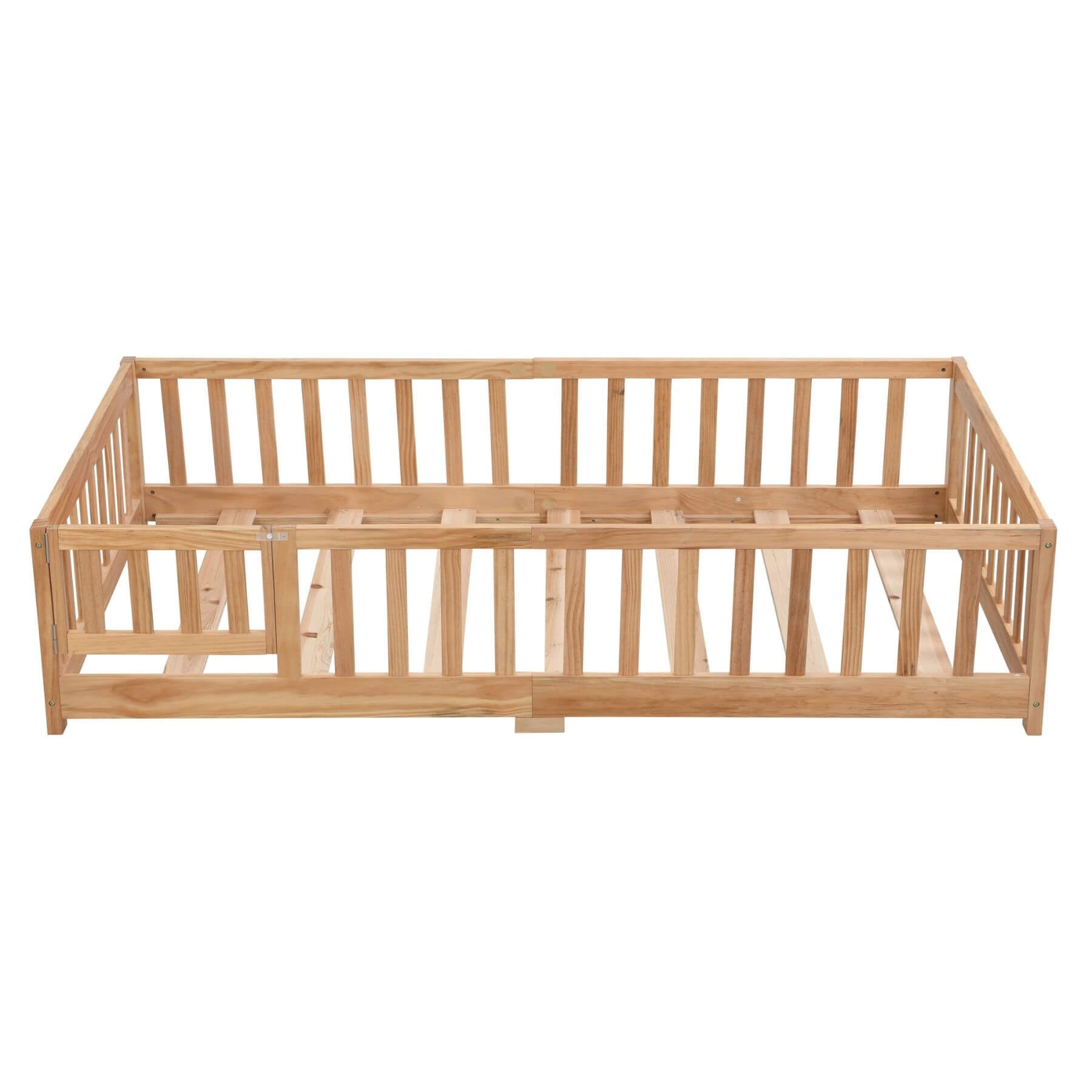 Civil HN Solid Wood Full Size Floor Bed with Door & Safety Guardrails for Children, Natural Pine Wood