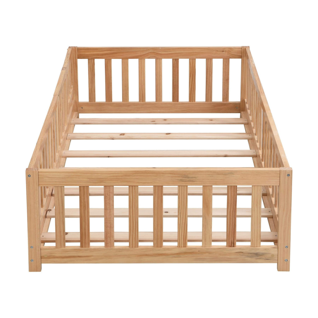 Civil HN Solid Wood Full Size Floor Bed with Door & Safety Guardrails for Children, Natural Pine Wood