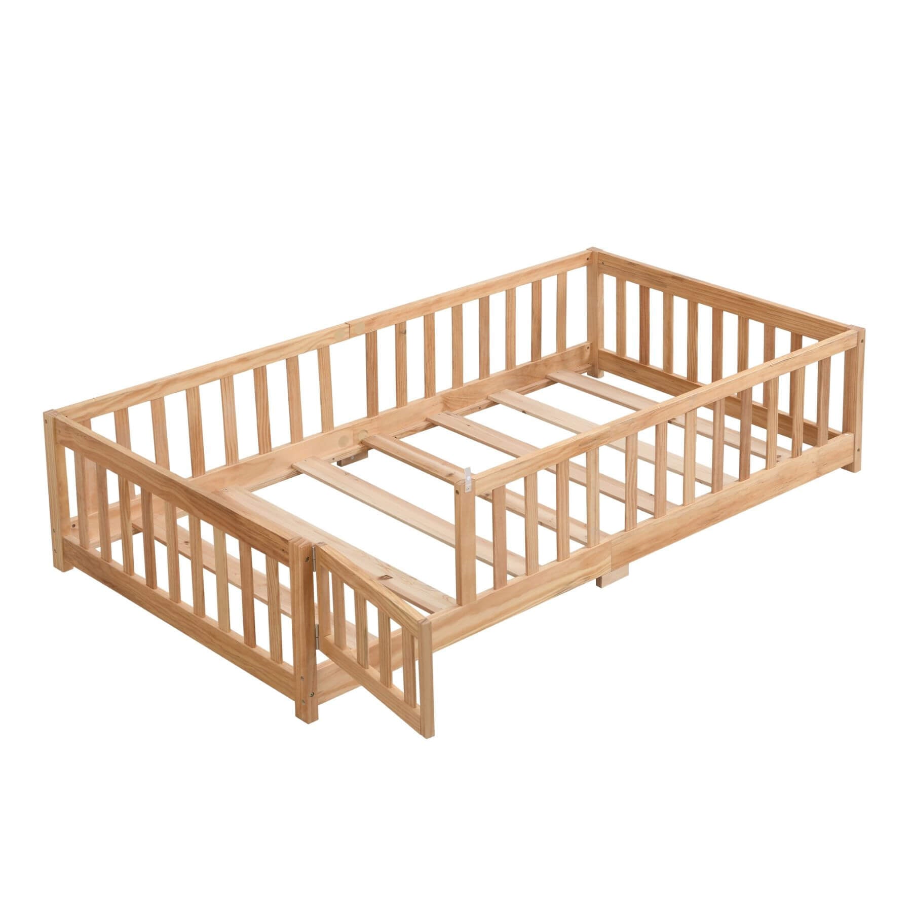 Civil HN Solid Wood Full Size Floor Bed with Door & Safety Guardrails for Children, Natural Pine Wood