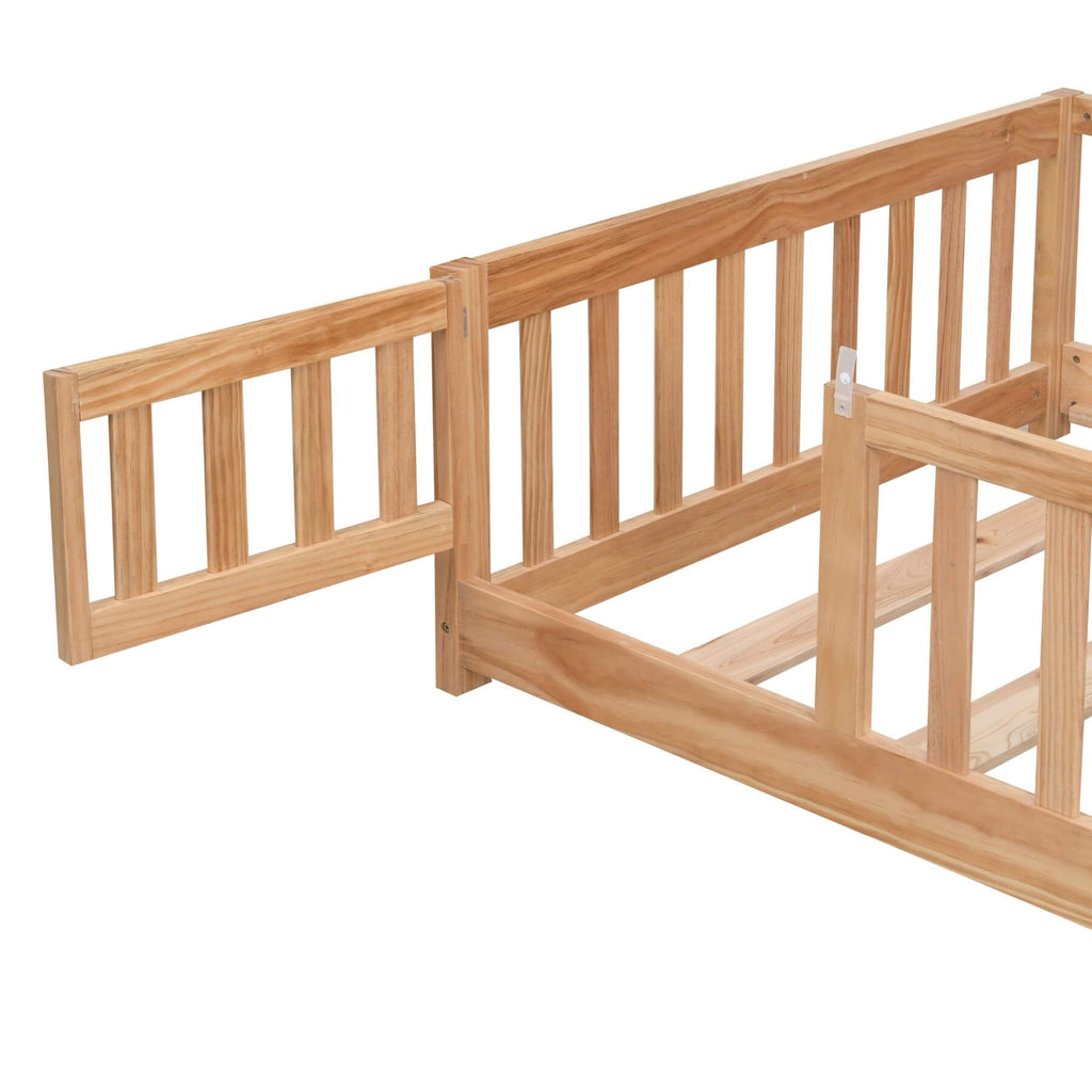 Civil HN Solid Wood Full Size Floor Bed with Door & Safety Guardrails for Children, Natural Pine Wood