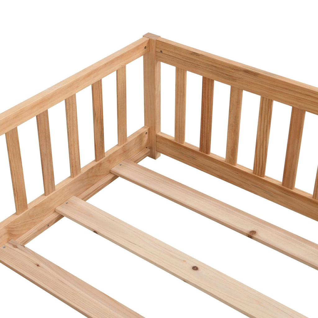 Civil HN Solid Wood Full Size Floor Bed with Door & Safety Guardrails for Children, Natural Pine Wood