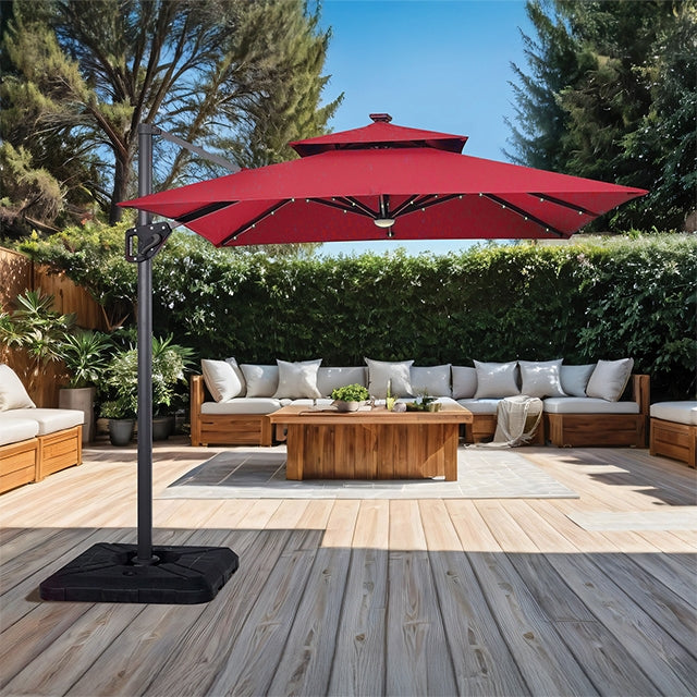 Xico - 8 Ft Square Umbrella w/ Double Top w/ LED Light + 37" Large Base