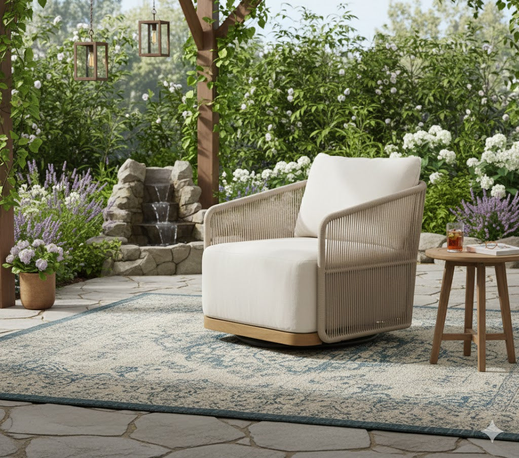 Alpine Teak Wood Modern Swivel Outdoor Arm Chair – Beige