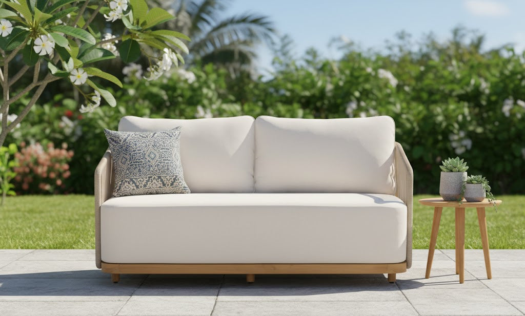 Alpine Teak Wood Outdoor Loveseat with Gray Rope Design