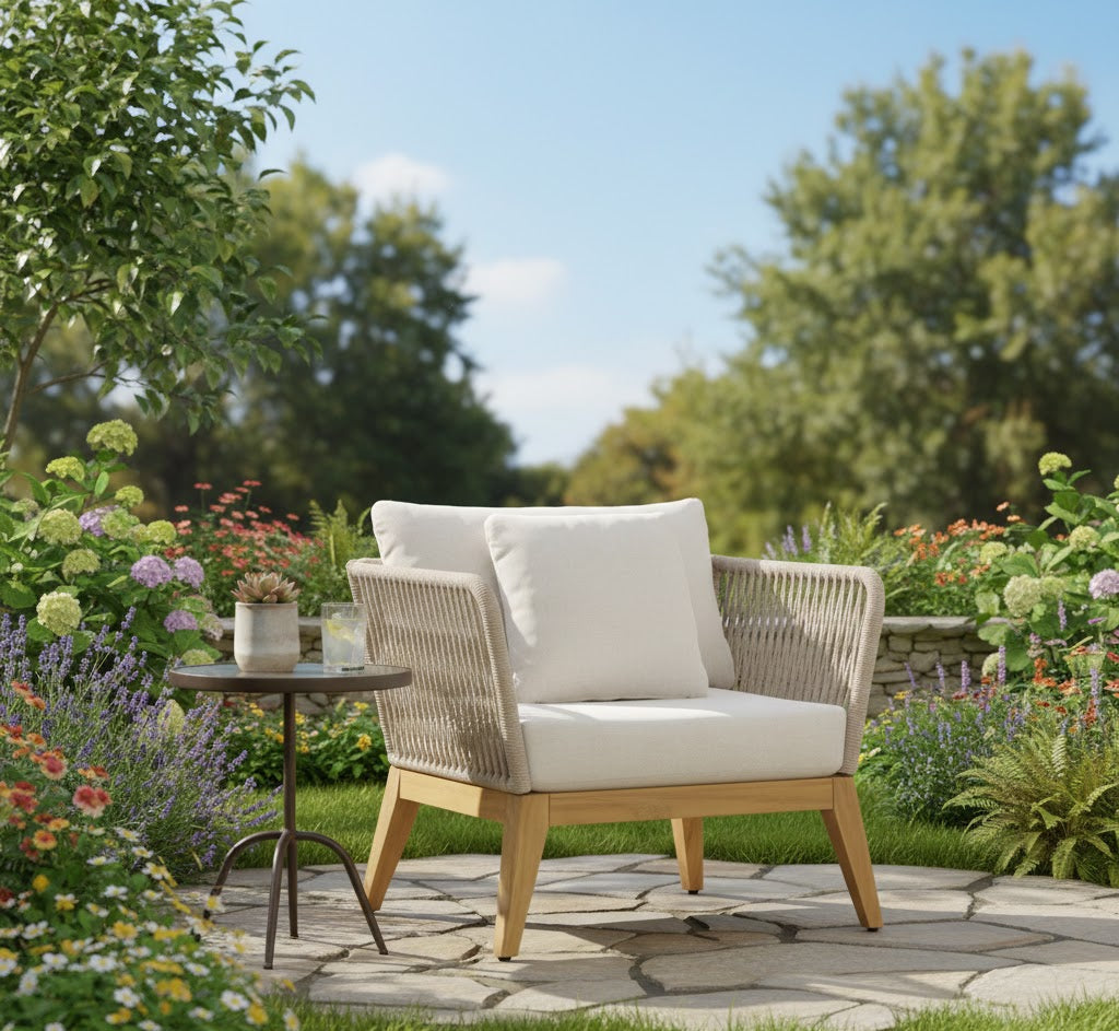 Cypress Teak Wood Outdoor Arm Chair with Biege Rope Design