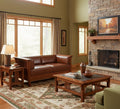 Mission / Craftsman Cubic Slat Side Love Seat - Chestnut Brown Leather