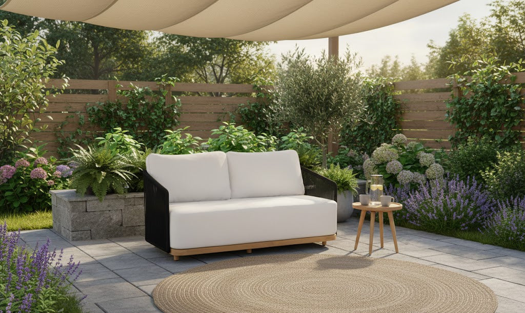 Alpine Teak Wood Outdoor Loveseat with Black Rope Design