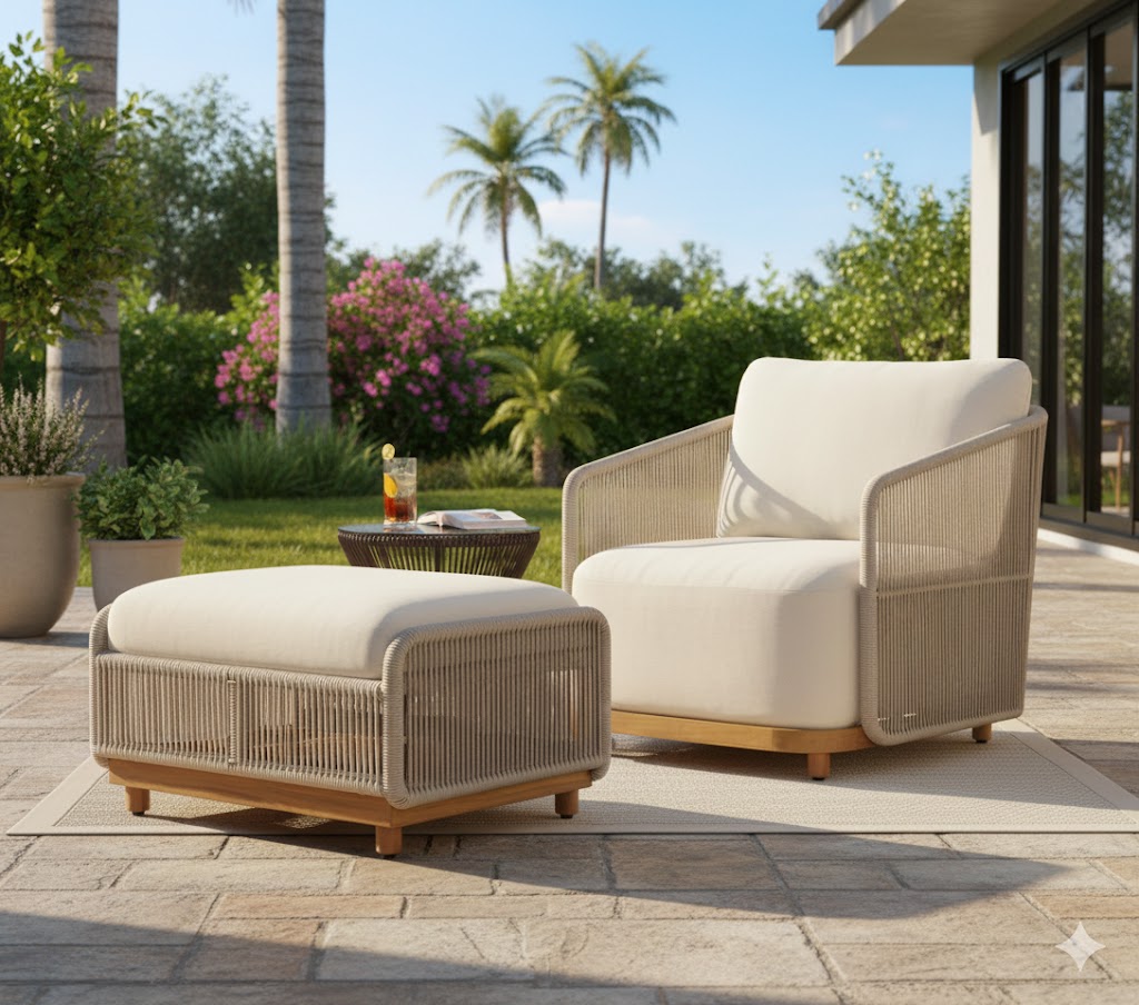 Alpine Teak Wood Outdoor Arm Chair with Biege Rope Design
