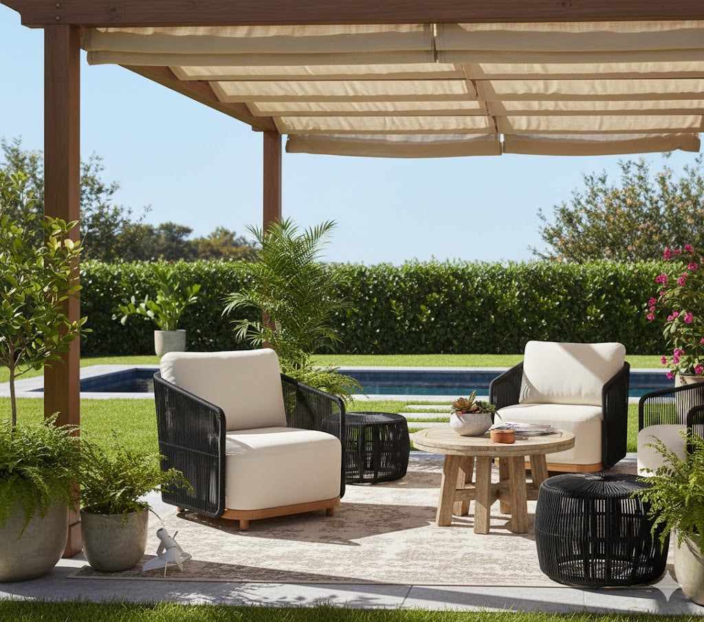 Alpine Teak Wood Outdoor Arm Chair with Black Rope Design